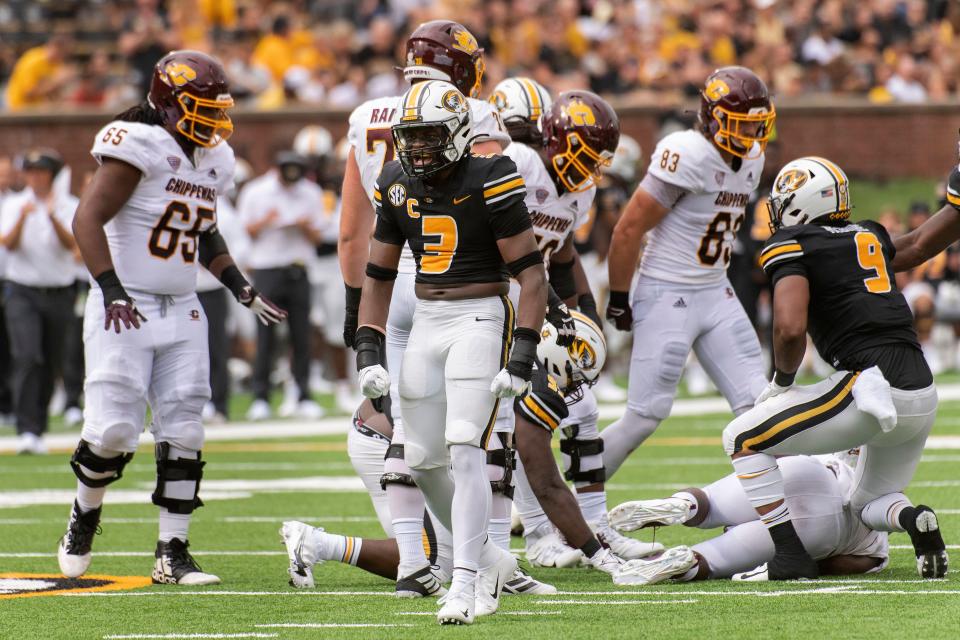 Missouri defensive back Martez Manuel celebrates a tackle against Central Michigan last season at Faurot Field.