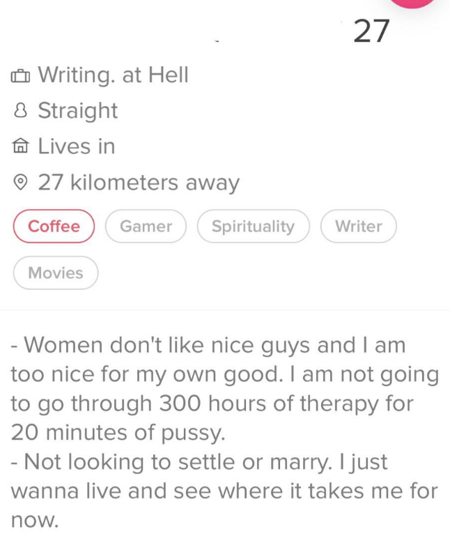 Women don't like nice guys and I am too nice for my own good, I'm not going through 300 hours of therapy for 20 minutes of pussy, not looking to settle or marry, I just wanna live and see where it takes me