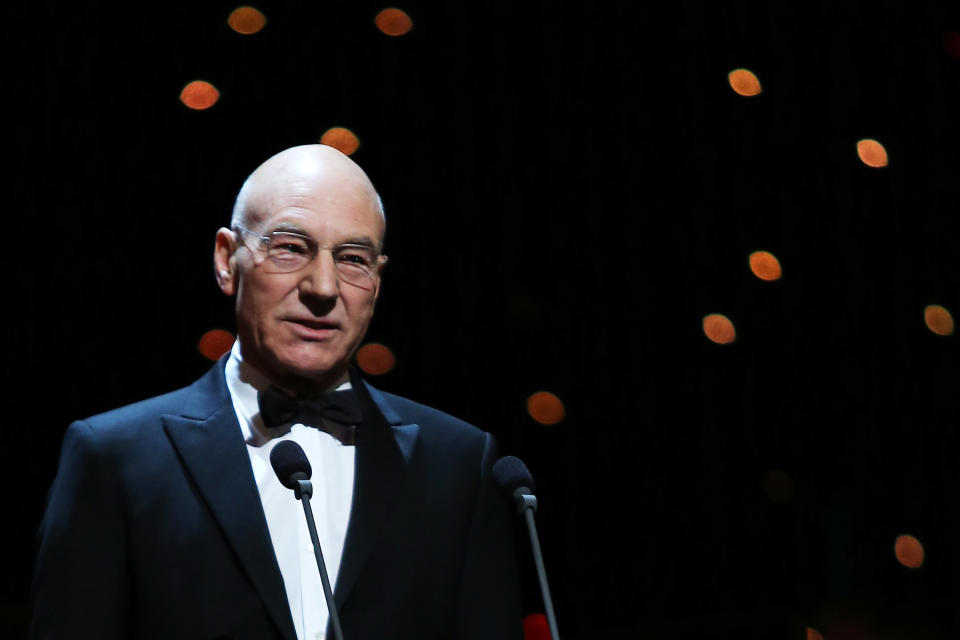 LONDON, ENGLAND - APRIL 15: (EXCLUSIVE COVERAGE) Patrick Stewart speaks onstage at the 2012 Olivier Awards at The Royal Opera House on April 15, 2012 in London, England. (Photo by Tim Whitby/Getty Images)