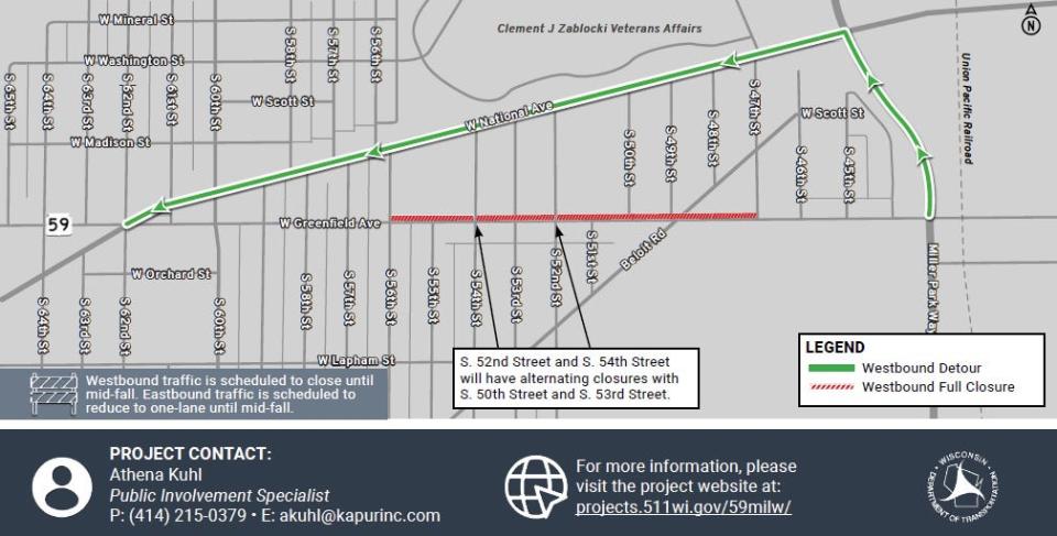 A layout showing the Greenfield Avenue construction path.