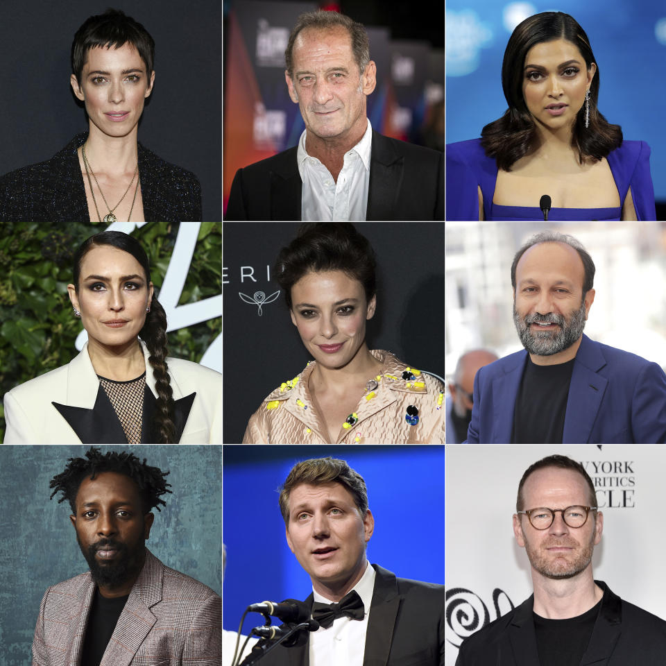 En esta combinación de fotos, los miembros del jurado del Festival de Cine de Cannes 2022. Arriba, de izquierda a derecha, la actriz y cineasta británica Rebecca Hall, el actor francés y presidente del jurado Vincent Lindon, la estrella india Deepika Padukone; en la segunda fila, de izquierda a derecha, la actriz sueca Noomi Rapace, la actriz y directora italiana Jasmine Trinca y el cineasta iraní Asghar Farhadi; y abajo, de izquierda a derecha, el director francés Ladj Ly, el cineasta estadounidense Jeff Nichols y el director noruego Joachim Trier. (Foto AP)