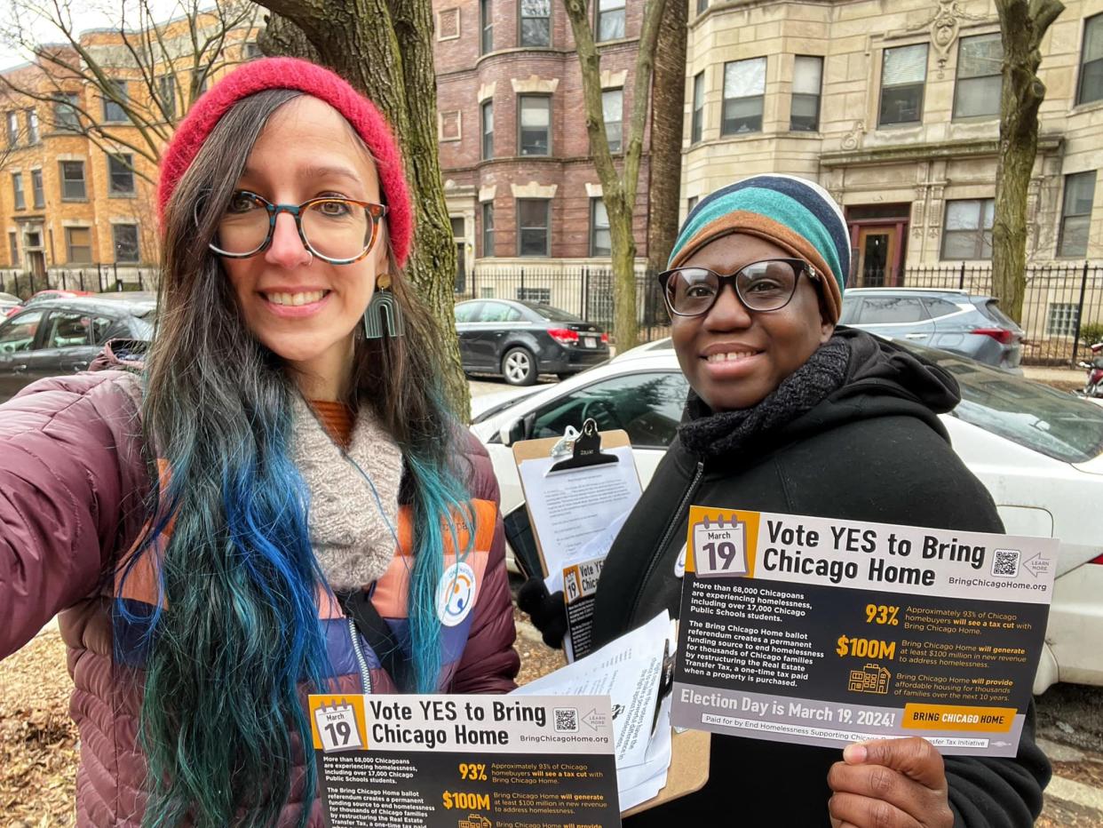 ONE Northside grassroots leaders Emily Heitzman and Karen Foster canvassed door-to-door leading up to Chicago's primary election on March 19, 2024.