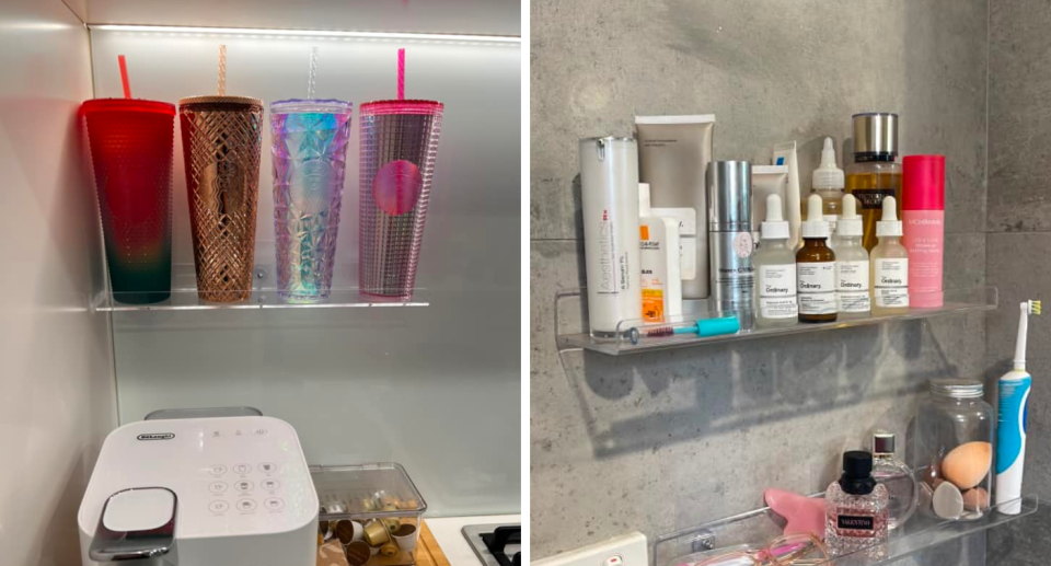Kmart shower shelf used as cup holder and bathroom shelf