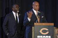 CORRECTS POSITIONS OF IDS - Chicago Bears president Kevin Warren, joined by Chicago Mayor Brandon Johnson, left, speaks during a news conference where NFL football team unveiled a nearly $5 billion proposal Wednesday, April 24, 2024, in Chicago, for an enclosed stadium next door to their current home at Soldier Field.(AP Photo/Teresa Crawford)