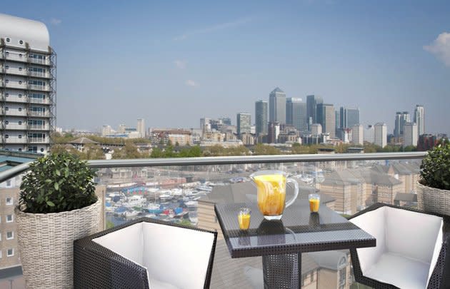 Canary Wharf as seen from an apartment at the Marine Wharf development, Surrey Quays. Prices start from $430,000 for a one-bedroom apartment. www.marinewharf.co.uk<br><br>