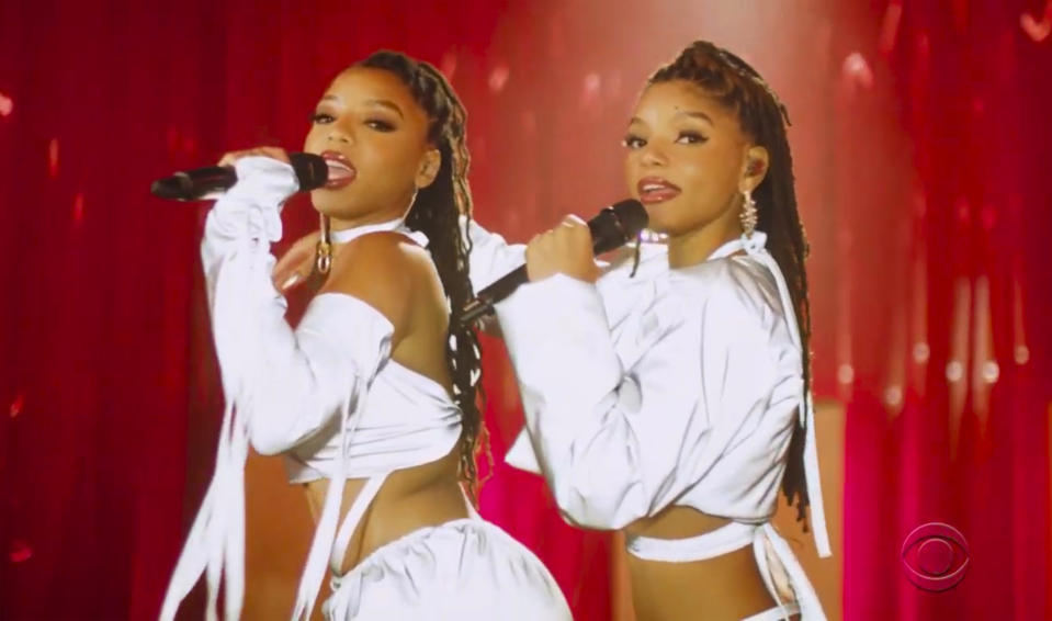 In this video grab issued Sunday, June 28, 2020, by BET, Chloe Bailey, left, and Halle Bailey, of Chloe x Halle, perform during the BET Awards. (BET via AP)