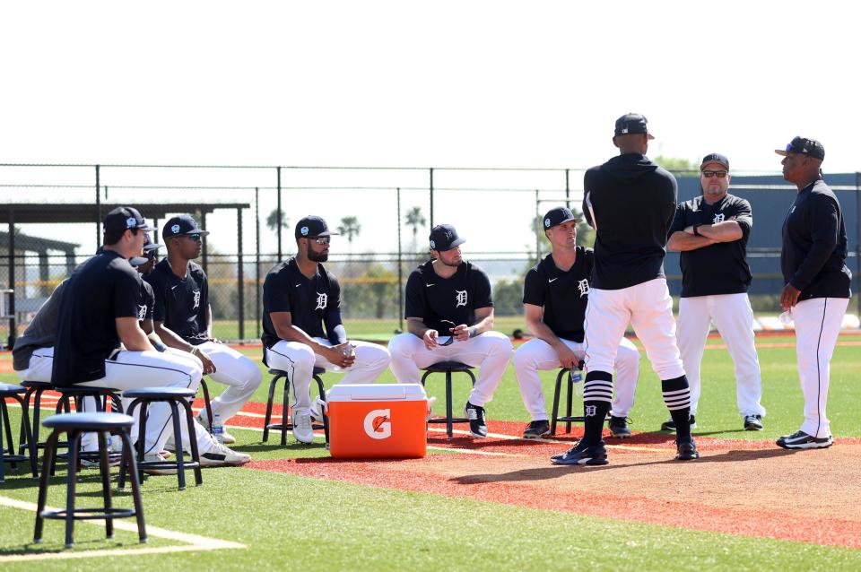 Detroit Tigers outfielders listens to coaches during the first full squad workout of spring training on Monday, February 20, 2023.