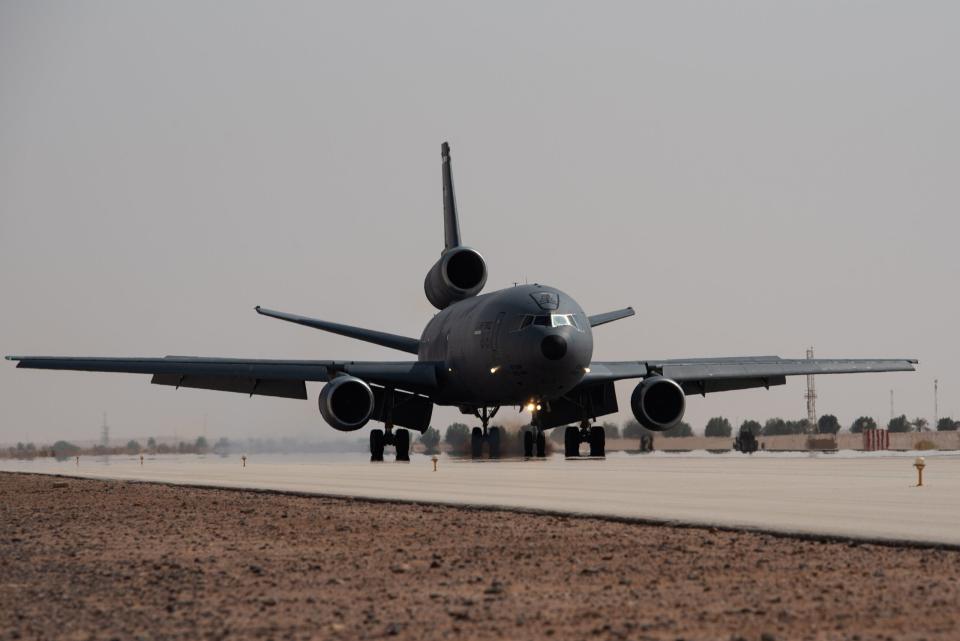A KC-10 Extender assigned to the 908th Air Refueling Squadron lands at Prince Sultan Air Base, Oct. 3, 2023. <em>U.S. Air Force photo by Tech. Sgt. Alexander Frank</em>