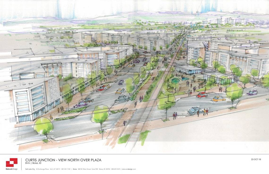 An artist’s rendering of Ball Ventures Ahlquist’s proposed development where a tank farm sits on the Boise Bench. It shows five-story apartment buildings with ground-floor retail centered around a central plaza area.