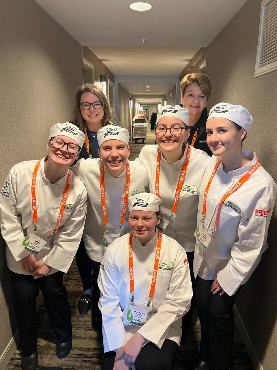The McNary High School culinary team at the National ProStart Invitational. Pictured are students Maya Orlov, Emma Rygh, Elizabeth Williams, Indiana Gauthier, Kaitlyn Manning and ProStart manager Courtney Smith and teacher Wendy Bennett.