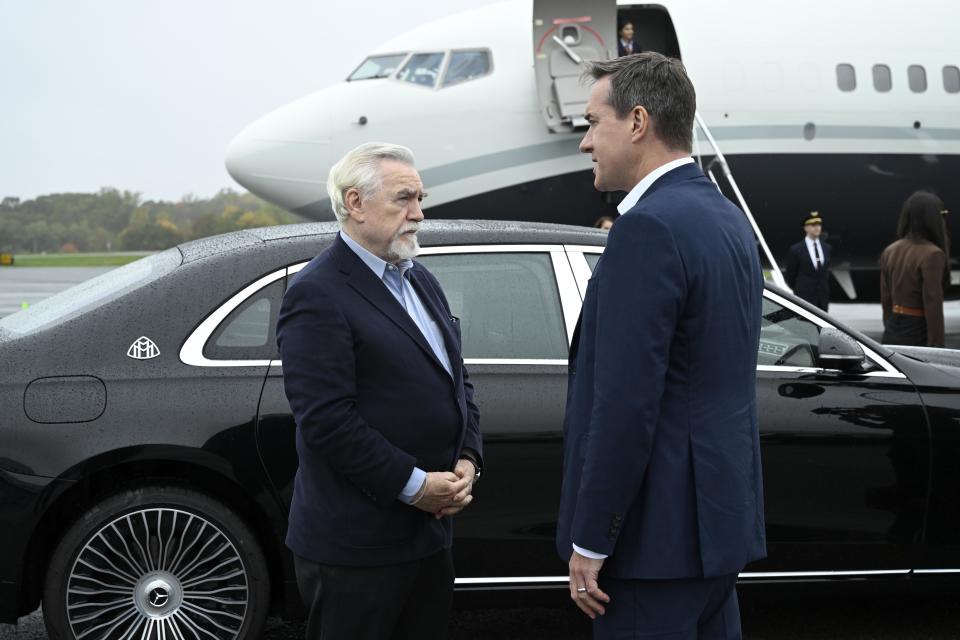 Brian Cox as Logan Roy with and Matthew Macfadyen as Tom Wambsgans before they board the fateful plane in the third episode of Succession's final season. (HBO/Sky)
