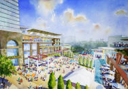 This artist rendering provided by the Atlanta Braves shows the team's proposed new ballpark and mixed-use development design in Cobb County, including the plaza outside the stadium. (AP Photo/Atlanta Braves)