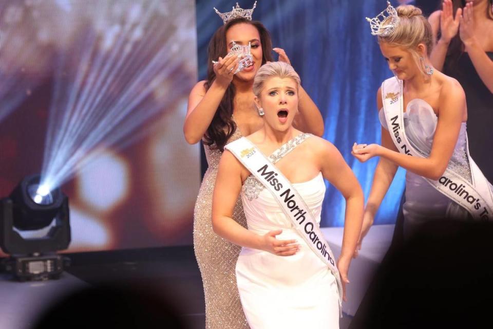 Taylor Loyd reacts as she is crowned at the Miss North Carolina pageant in June.