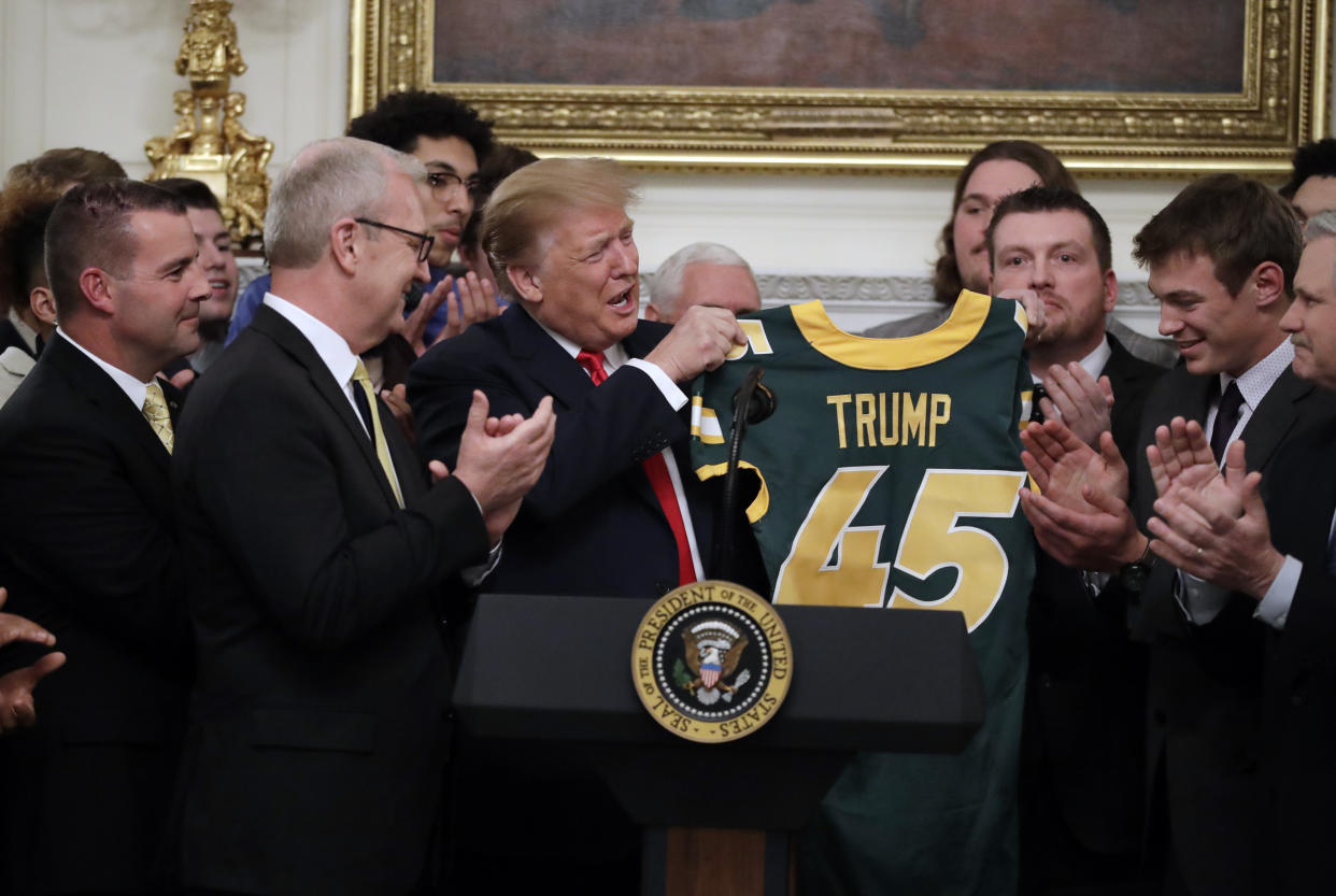 President Donald Trump welcomes 2018 NCAA FCS College Football Champions, The North Dakota State Bison, to the White House in Washington, Monday, March 4, 2019. (AP Photo/Carolyn Kaster)