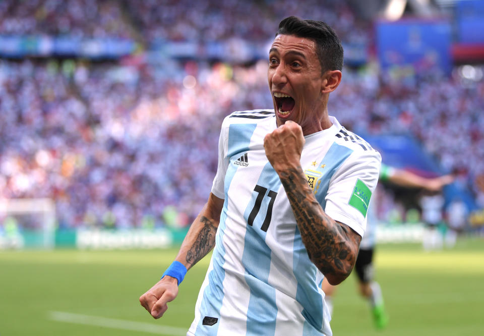 Heaven sent: Angel Di Maria celebrates after his sensation goal made it 1-1