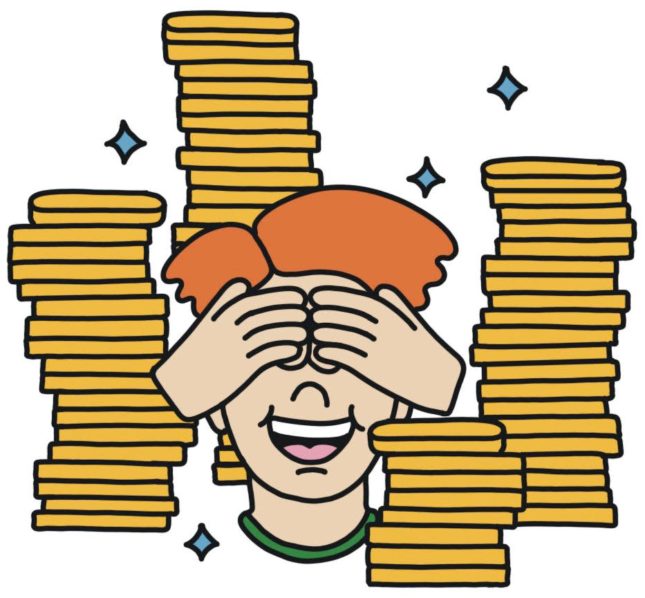 An illustration of a face with hands over its eyes surrounded by stacks of coins