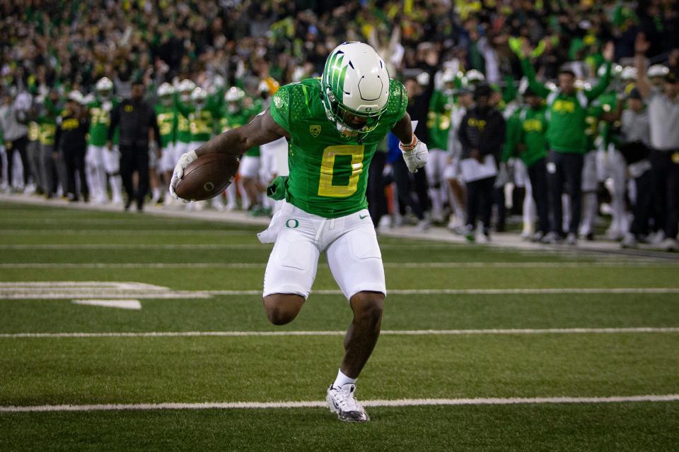 Oregon running back Bucky Irving sprints into the end zone for a touchdown as the No. 12 Oregon Ducks host the No. 10 Utah Utes in Oregon’s final home game of the season at Autzen Stadium in Eugene, Ore. Saturday, Nov. 19, 2022.