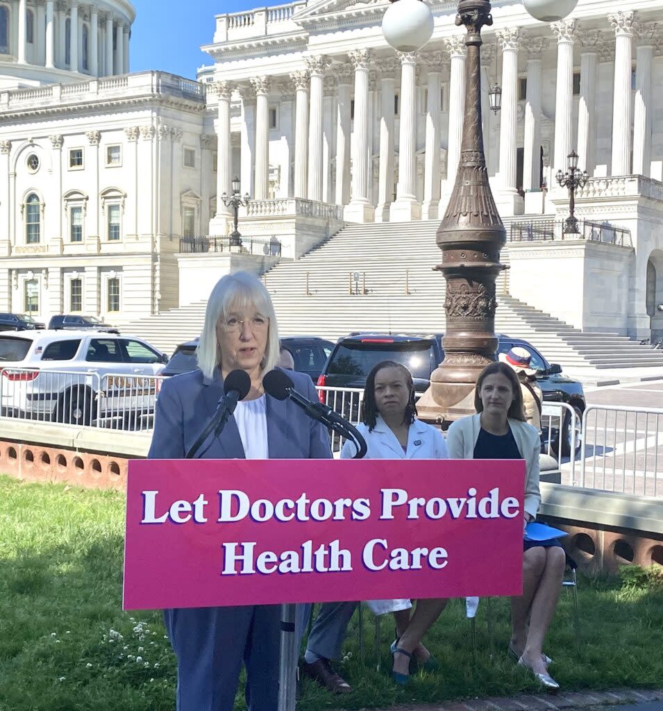 U.S. Sen. Patty Murray, D-Washington speaks during a press conference on reproductive rights on Tuesday, May 21, 2024, outside the U.S. Capitol.