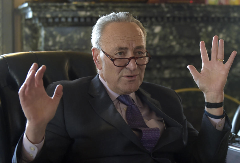 Senate Minority Leader Sen. Charles Schumer of N.Y., speaks during an interview in his office on Capitol Hill in Washington, Thursday, March 30, 2017. (AP Photo/Susan Walsh)