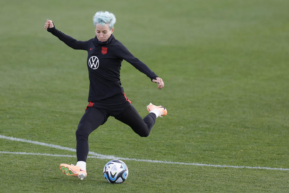 AUCKLAND, NEW ZEALAND - JULY 18: Megan Rapinoe #15 of the United States kicks the ball during training on July 18, 2023 in Auckland, New Zealand. (Photo by Carmen Mandato/USSF/Getty Images)