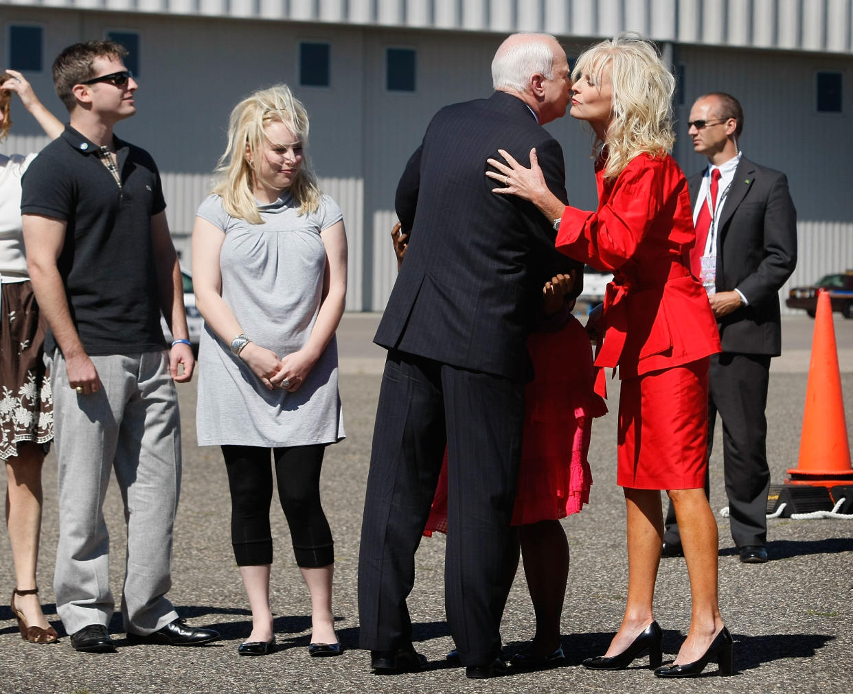 MINNEAPOLIS, MN- SEPTEMBER 03:  Presumptive Republican presidential nominee John McCain (R-AZ) is greeted by his wife Cindy and his children Jack McCain and daughter Meghan McCain as he arrives at the Minneapolis/St Paul International airport September 3, 2008 in Minneapolis, Minnesota. McCain arrived for his appearance at the Republican National Convention.  (Photo by Joe Raedle/Getty Images)