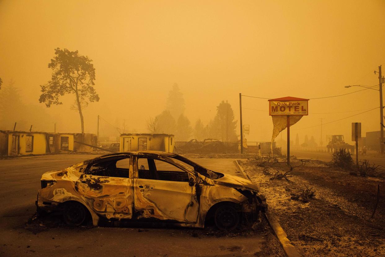 A car charred by the in Santiam Fire in Gates, Oregon (AFP via Getty Images)