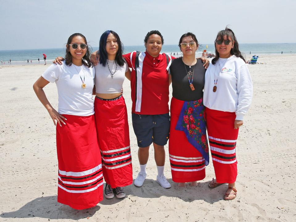 Lakota women from the Pine Ridge reservation in South Dakota say they are happy to work at Hampton Beach this summer. From left are Enola Running Hawk, Siouxtera Jack, Ashton Green, Kimimila Pretty Bear and Tayah Running Hawk.