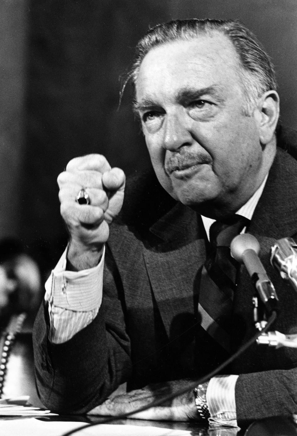 FILE - This Sept. 30, 1971 file photo shows TV news commentator Walter Cronkite as he testifies on freedom of the press in front of a Senate subcommittee in Washington. In "Cronkite," a biography by Douglas Brinkley, the CBS Newsman emerges as the intrepid newshound upon whom was thrust the unsought mantle of "most trusted man in America" and who never betrayed that public trust. (AP Photo, file)