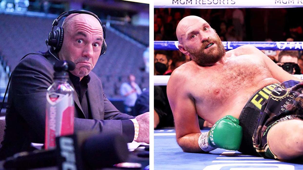 Joe Rogan (pictured left) during UFC commentary and (pictured right) Tyson Fury after he was knocked down by Deontay Wilder.