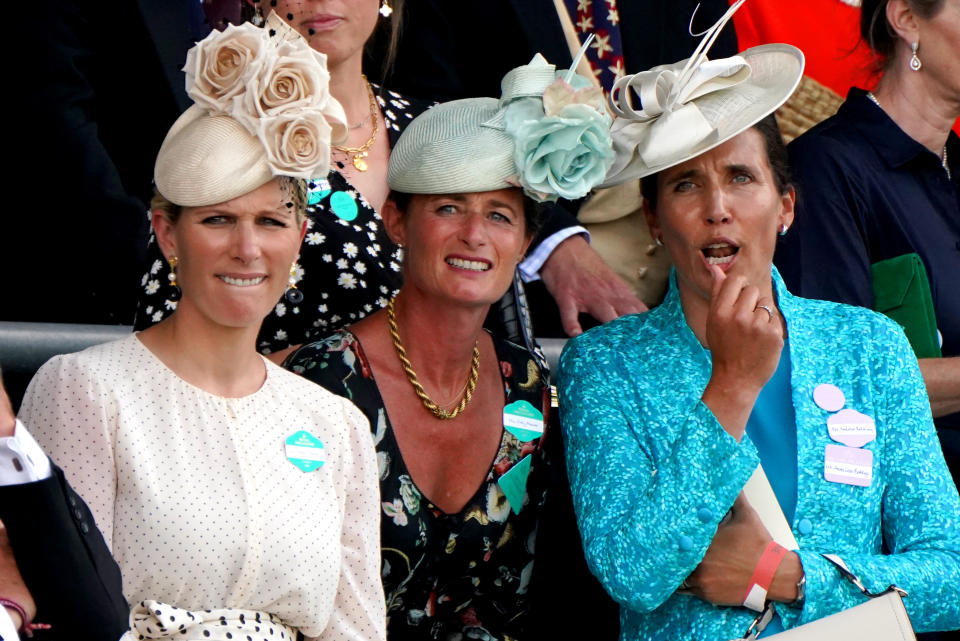 <p>Zara Tindall (left), Dolly Maude and Anna Lisa Balding (right) react as they watch the King's Stand Stakes during day one of Royal Ascot at Ascot Racecourse. Picture date: Tuesday June 15, 2021.</p>
