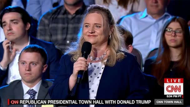 PHOTO: Julie Miles asks a question during a CNN hosted town hall meeting with former President Donald Trump, May 10, 2023. (CNN)