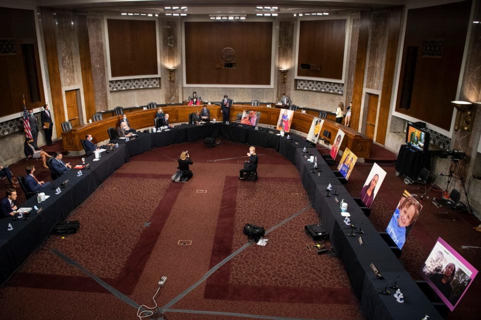 Democratic Senators on the Senate Judiciary Committee boycott the committee vote on Amy Coney Barrett to serve as an associate justice on the Supreme Court of the United States during a Senate Judiciary Committee Executive Business meeting on October 22, 2020, in Washington, DC.