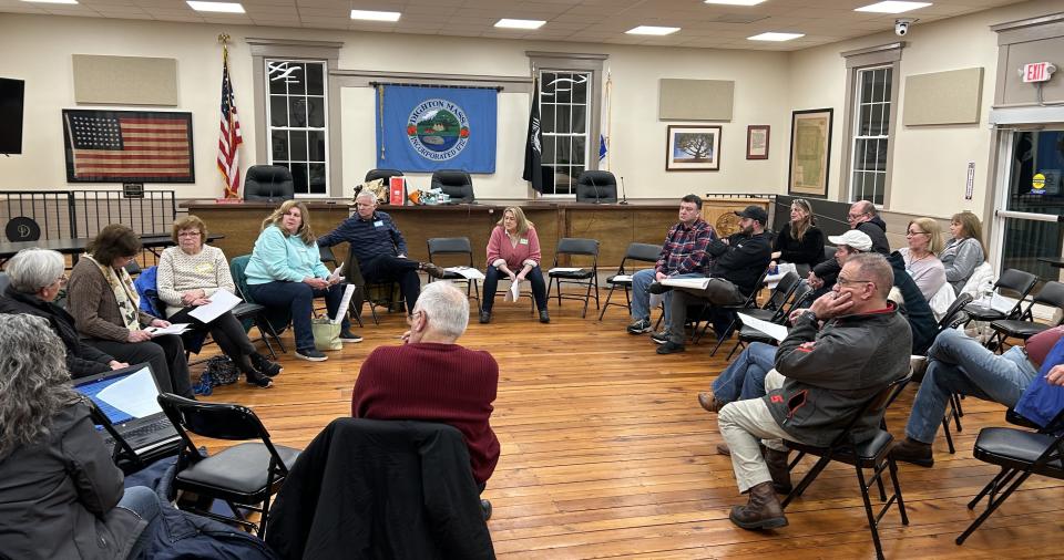 Forest Street residents discuss their concerns about the proposed Forest Hills Estate conservation subdivision during a meeting at the Old Dighton Town Hall on Jan. 29.