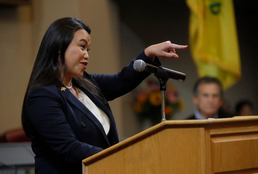 Mayor Sheng Thao delivers her first State of the City address at City Hall on Oct. 17, 2023. (Jane Tyska/ /East Bay Times via Getty Images)