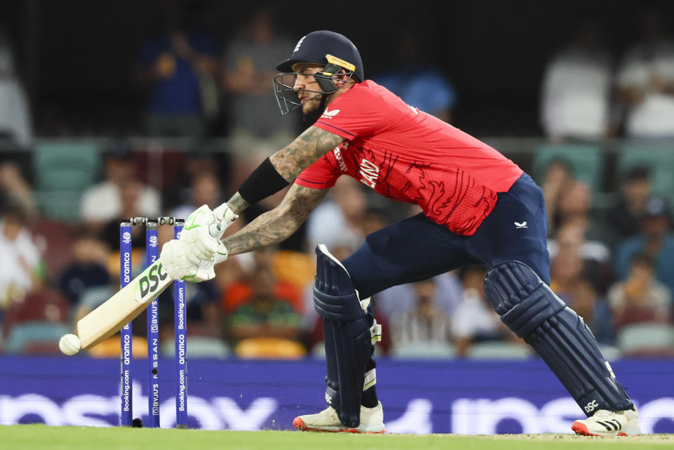 England's Alex Hales bats during the T20 World Cup cricket match between England and New Zealand in Brisbane, Australia, Tuesday, Nov. 1, 2022. (AP Photo/Tertius Pickard)