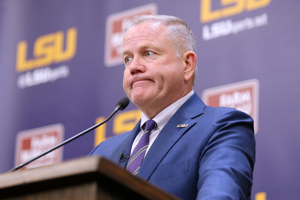 BATON ROUGE, LOUISIANA - DECEMBER 01: Brian Kelly speaks after being introduced as the head football coach of the LSU Tigers during a news conference at Tiger Stadium on December 01, 2021 in Baton Rouge, Louisiana. (Photo by Jonathan Bachman/Getty Images)