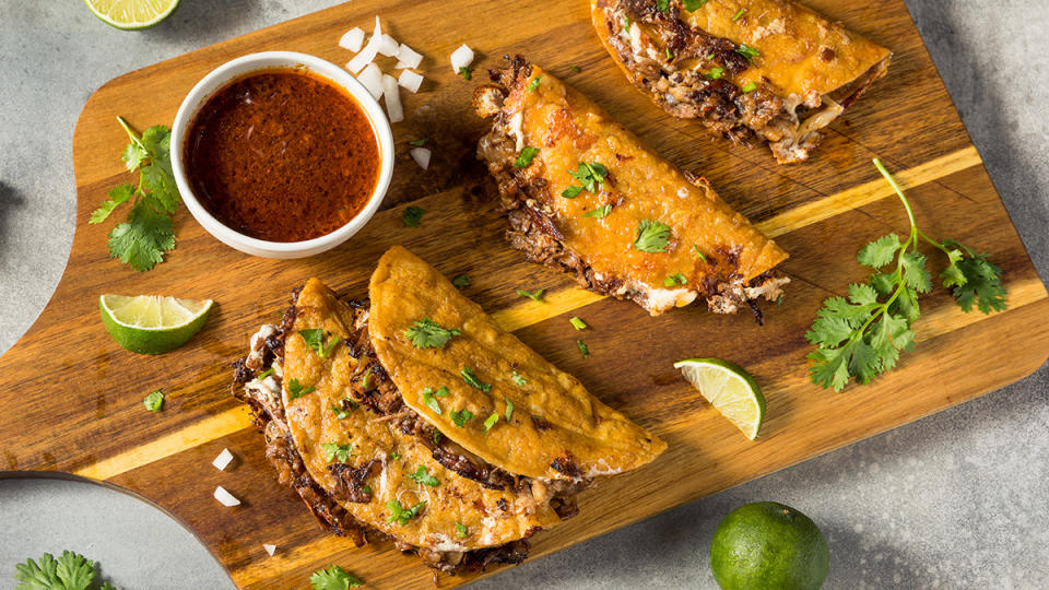 Homemade steak birria tacos with consome