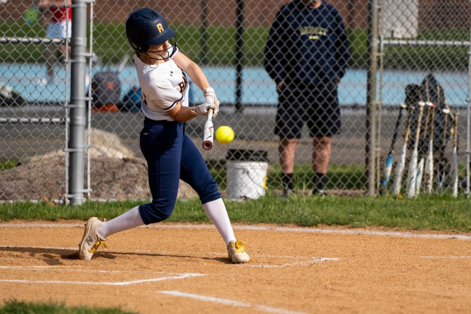 May 3, 2024; Mahwah, NJ, USA; Ramsey #13 Ava Greco hits the ball during a high school softball game against Mahwah on Friday afternoon.