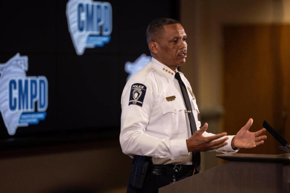 CMPD Chief Johnny Jennings addresses a video showing a use of force incident at Charlotte-Mecklenburg Police Department in Charlotte, N.C., on Wednesday, November 15, 2023.