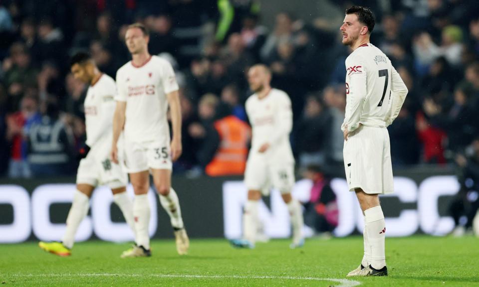 <span>Mason Mount (right) struggles to hide his emotions as Manchester United slump to defeat at Selhurst Park.</span><span>Photograph: James Marsh/Shutterstock</span>