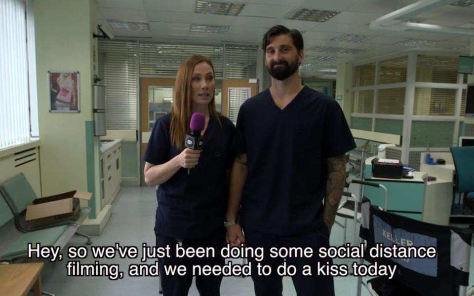 Holby City Covid secure kiss scene where actress Rosie Marcel who plays Jac Naylor actually kissed her husband Ben Stacey who acted as a stand in for a scene filmed with her on-screen lover Kian Madani played by Ramin Karimloo - News Scans