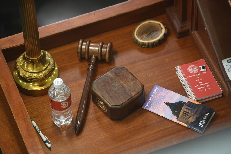 A gavel sitting on the desk inside the Senate on Tuesday, Jan. 9, 2024 at South Dakota State Capitol in Pierre.