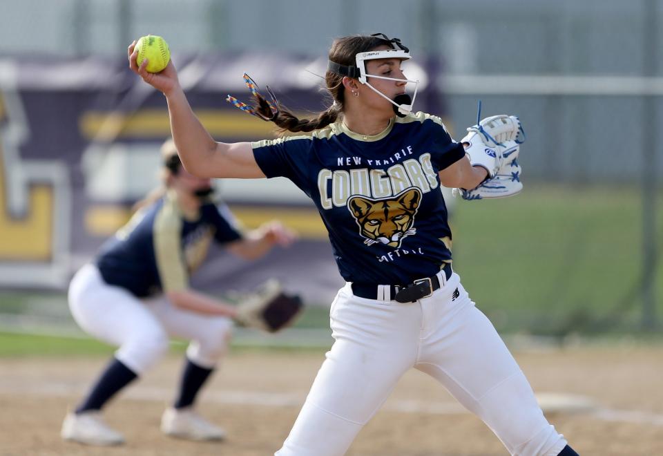 New Prairie pitcher Ava Geyer winds up Wednesday, April 19, 2023, as New Prairie softball squad takes on the Clay Colonials at Clay softball field in South Bend.