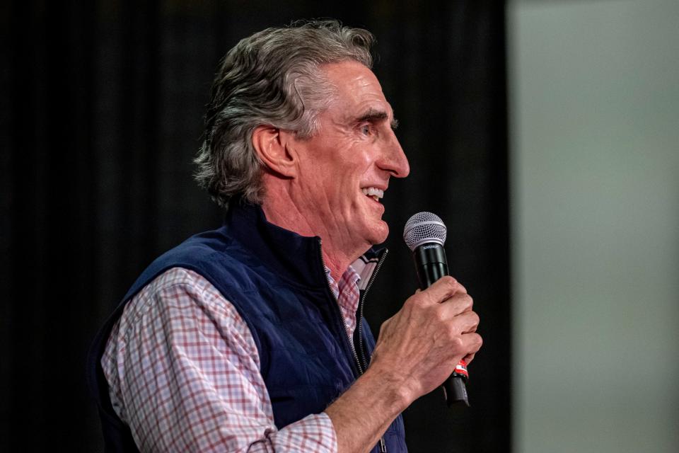 Republican presidential hopeful Doug Burgum speaks during U.S. Rep. Mariannette Miller-Meeks', R-Iowa, Triple MMM Tailgate event in Iowa City, Iowa on Friday, Oct. 20, 2023. The event featured remarks from several candidates for the Republican Party's nomination for President. (Nick Rohlman/The Gazette via AP)