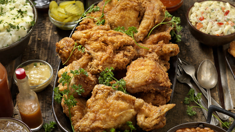 fried chicken feast with side dishes