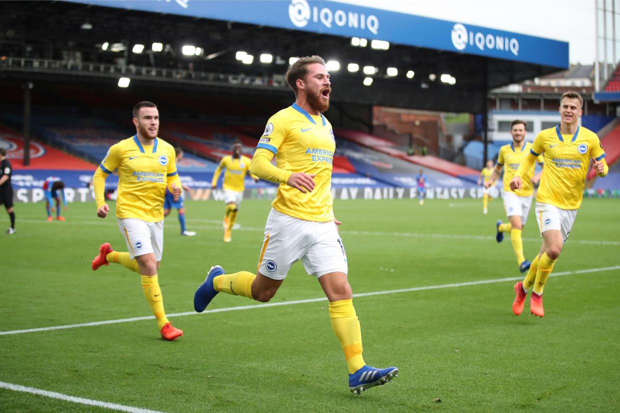 Alexis Mac Allister celebrates after finally getting Brighton’s equaliser (AP)