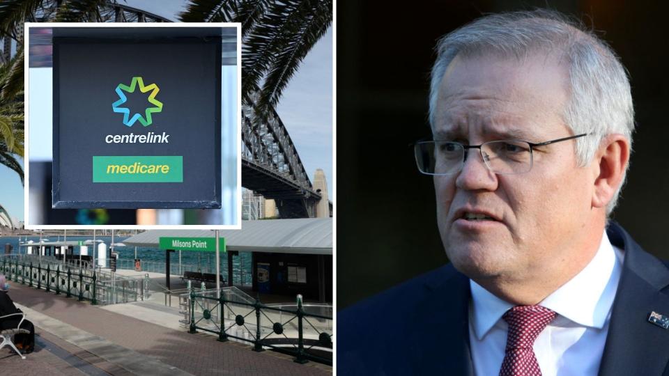 Sydney Harbour Bridge as seen from Milsons Point, Centrelink sign, Prime Minister Scott Morrison speaks at press conference. 