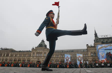 A Russian serviceman marches during the Victory Day parade, which marks the anniversary of the victory over Nazi Germany in World War Two, in Red Square in central Moscow, Russia May 9, 2019. REUTERS/Maxim Shemetov