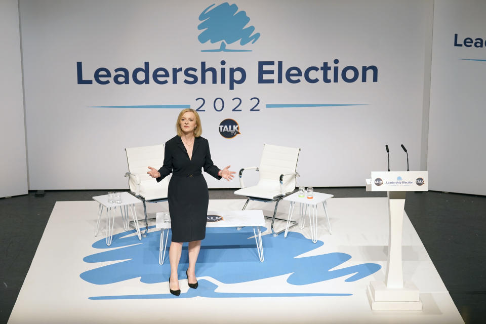 FILE - Liz Truss during a hustings event in Darlington, England, Aug. 9, 2022, as part of the campaign to be leader of the Conservative Party and the next prime minister. While inflation and recession fears weigh heavily on the minds of voters, another issue is popping up in political campaigns from the U.K. and Australia to the U.S. and beyond: the “China threat." The two finalists vying to become Britain's next prime minister, Liz Truss and Rishi Sunak, clashed in a televised debate last month over who would be toughest on China. (Danny Lawson/PA via AP, File)
