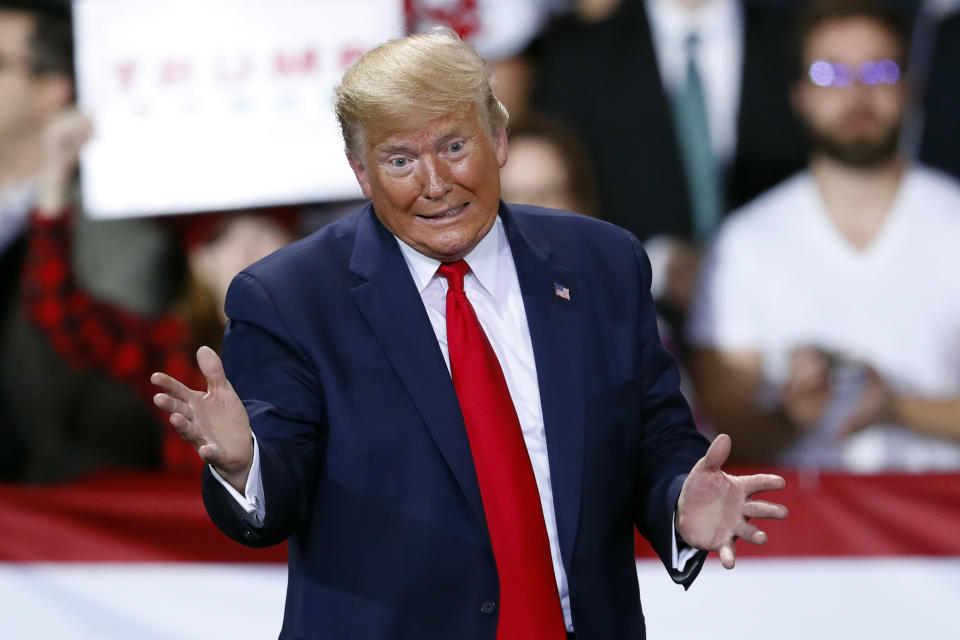 President Donald Trump speaks at a campaign rally in Battle Creek, Mich., Wednesday, Dec. 18, 2019. (AP Photo/Paul Sancya)